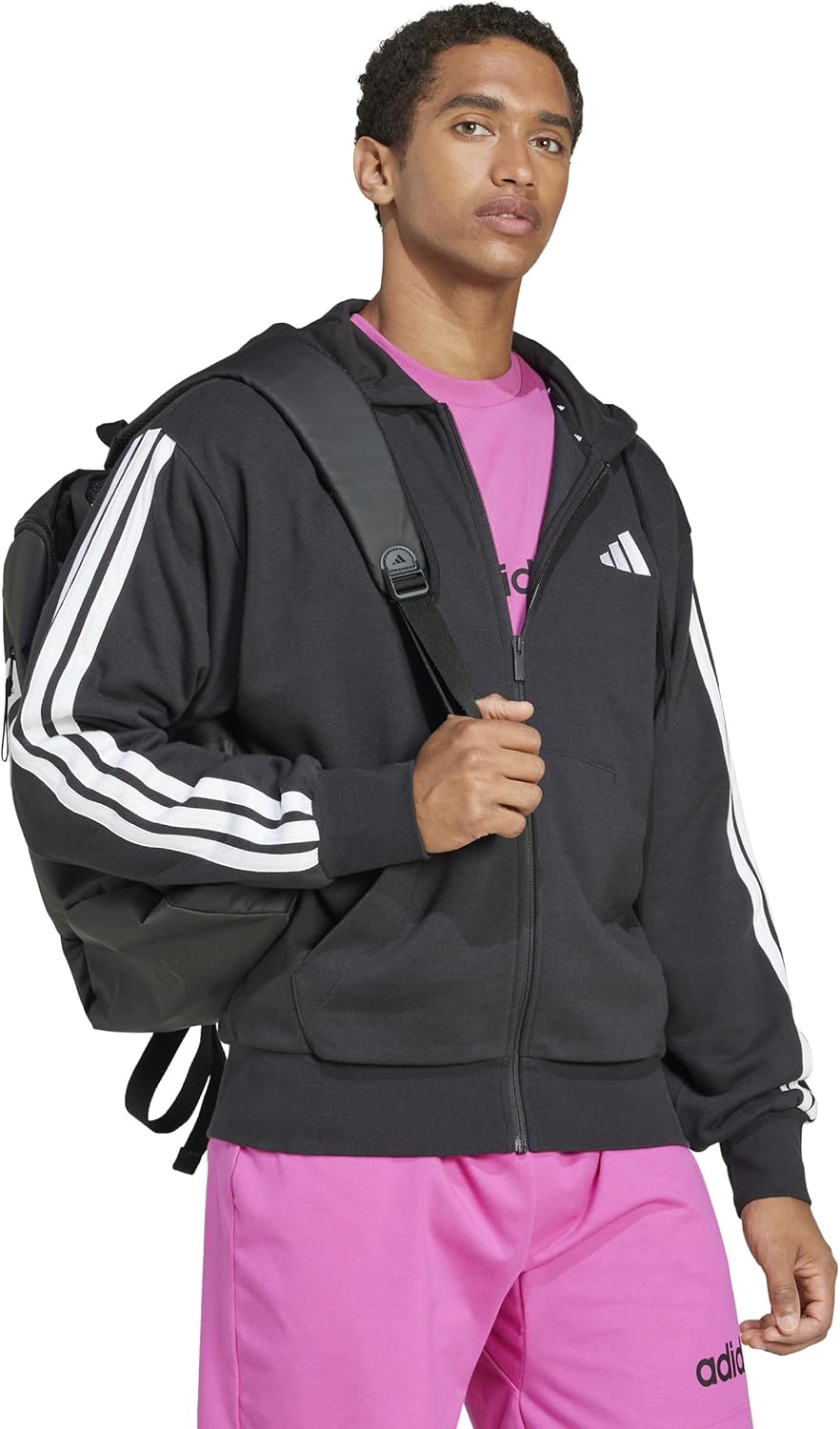 Мужская толстовка adidas Essentials 3-Stripes French Terry Full-Zip Hoodie (KTE94), черно-белый — фото 2