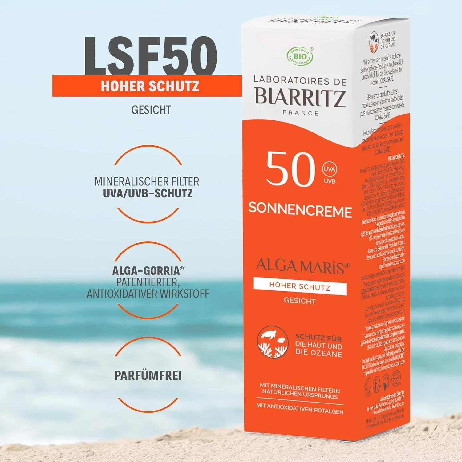Органический солнцезащитный крем для лица SPF50 «ALGA MARIS» от Laboratoires de Biarritz, 50 мл Laboratoires De Biarritz — фото 3