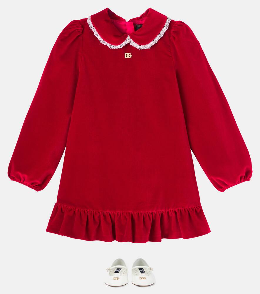 Платье из хлопкового вельвета с кружевной отделкой Dolce&Gabbana Kids, Red — фото 2