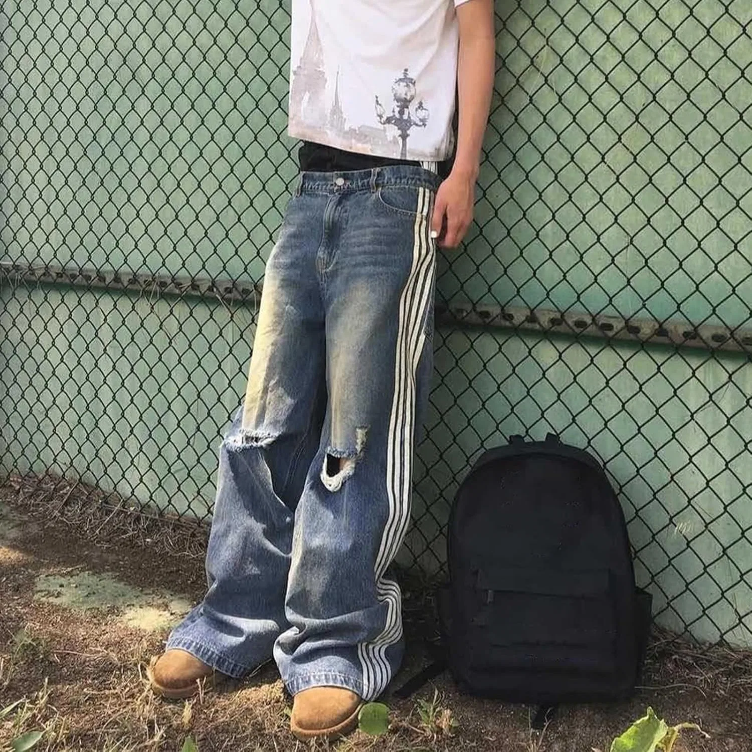 Джинсы рваные Double Waisted Sweatpants Jeans, Синий — фото 4