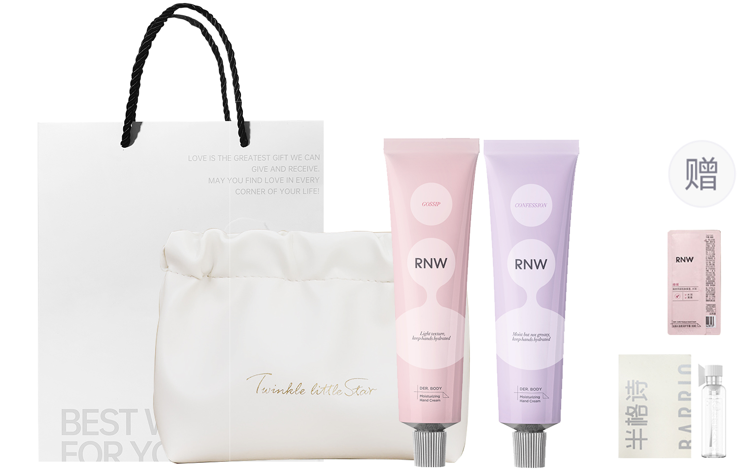 

Набор: ароматизированный крем для рук, косметичка, шоппер RNW, Scandal+Confession+Cosmetic Bag+Gift Bag, Hand Cream Sample+Perfume Sample