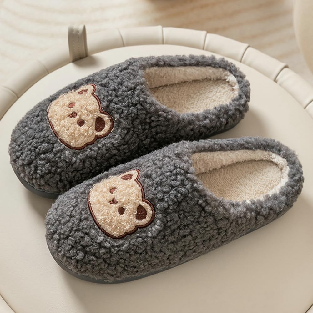 Тапочки Avilego Cute Cozy с мультяшным медвежонком, хлопковые, для дома и улицы, теплые, с нескользящей подошвой, мягкие плюшевые шлепанцы для женщин и мужчин, темно-серый — фото 2