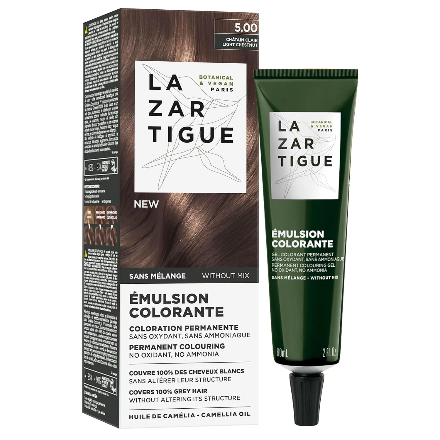 Краска для волос Lazartigue Emulsion Colorante, стойкая краска без аммиака, 100% закрашивание седины, с маслом камелии, веганский продукт, 57 мл - не требует смешивания, готова к применению., LAZARTIGUE Emulsion Colorante, 5.00 Light Chestnut