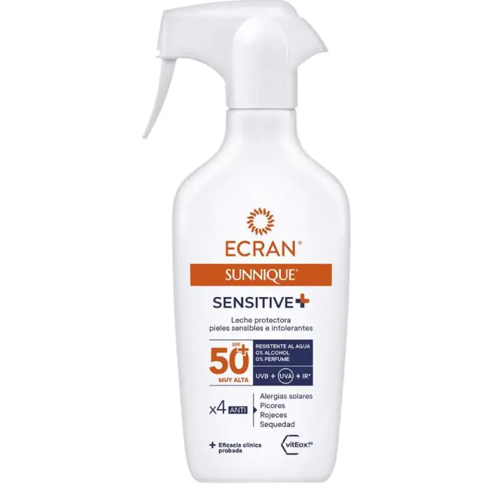 

Солнцезащитный крем sunnique sensitive+ leche protectora piel sensible spf 50+ Ecran, объем 270 мл