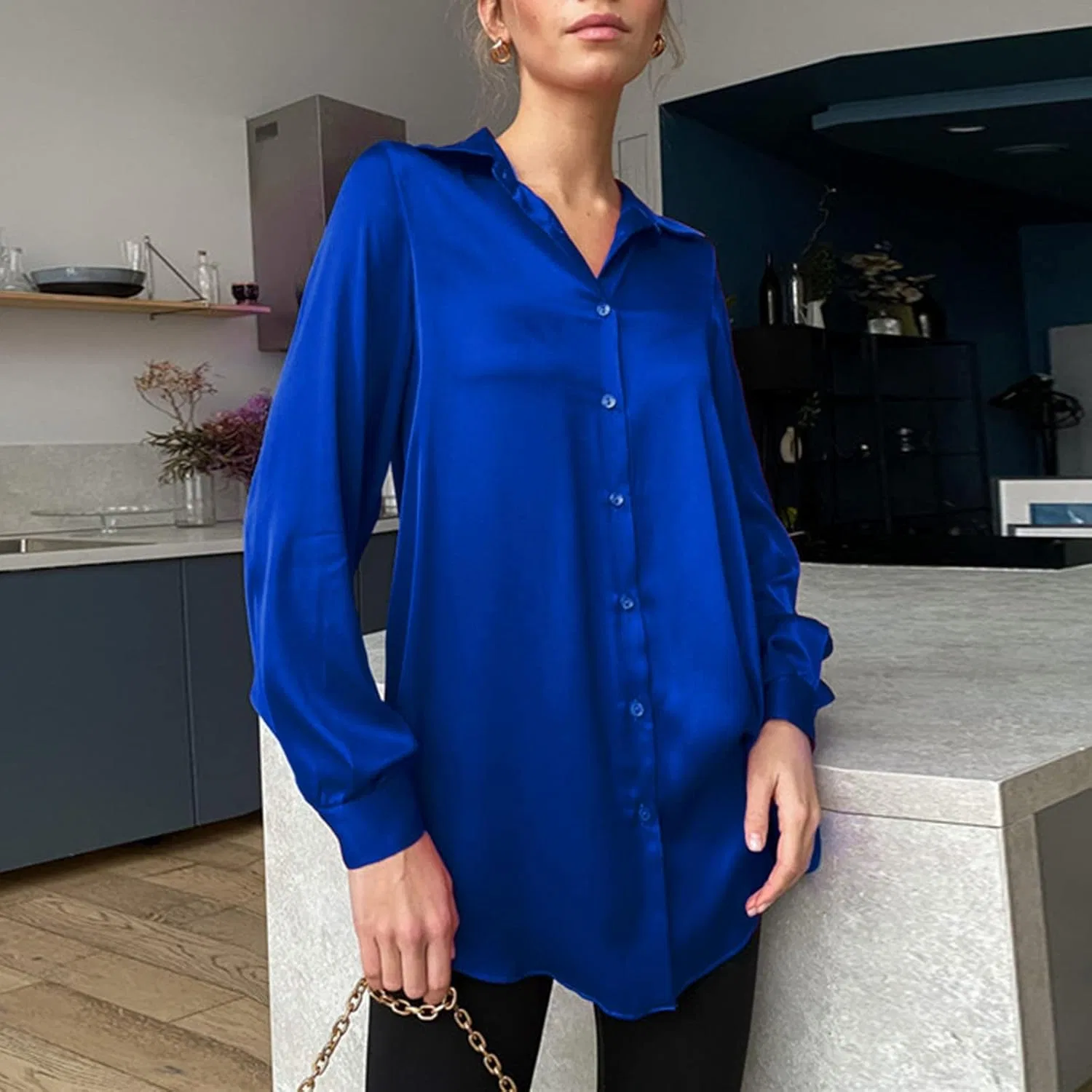 Блуза, многослойный дизайн с воротником, Women's Layering Style Shirt, синий — фото 2
