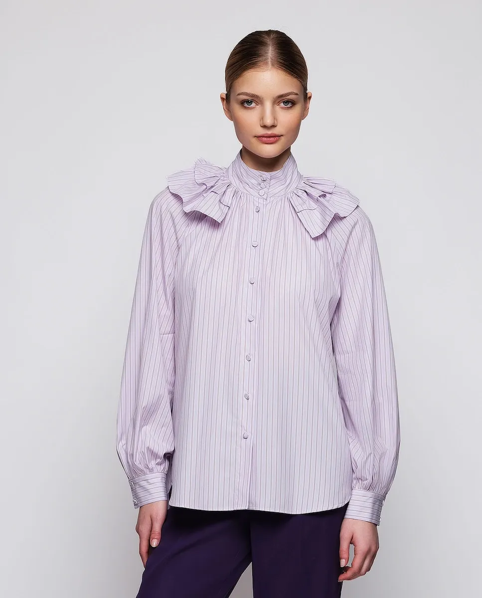 

Женская полосатая хлопковая рубашка с рюшами Mirto, сиреневый