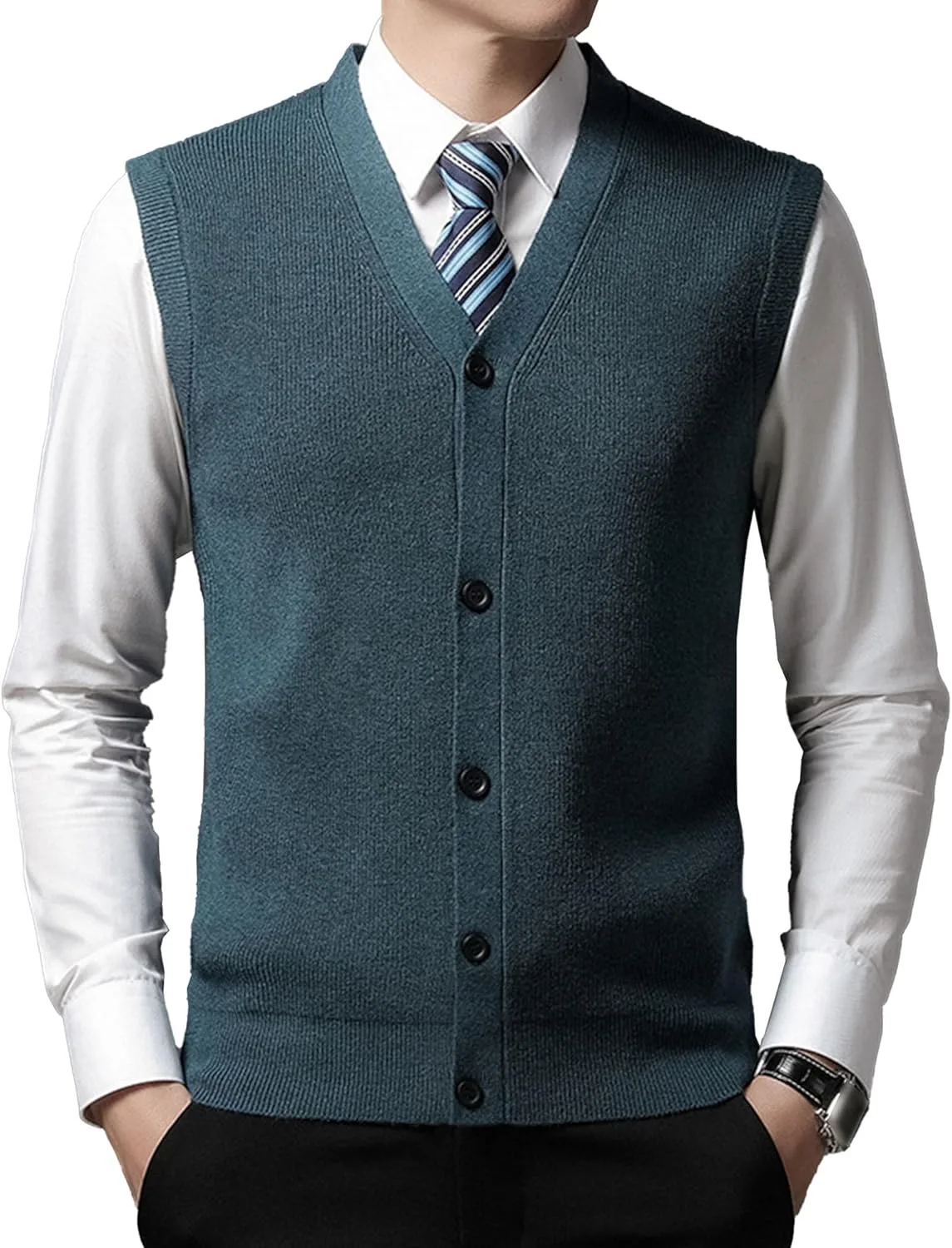 Мужской кардиган-жилет из шерсти Slim Fit вязаный безрукавный пуловер для повседневных комбинаций с пуговицами Generic, Night Orchid 1