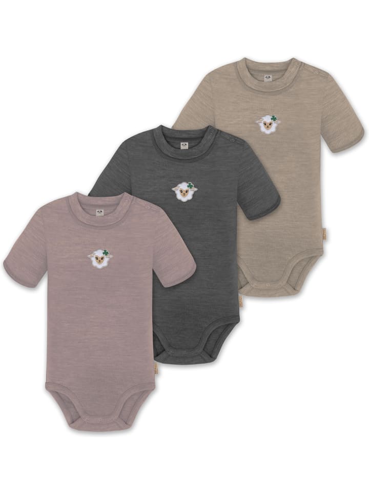 

Normani Outdoor Sports Комплект из 3 унисекс детских комбинезонов с короткими рукавами и боди с короткими рукавами из мериносовой шерсти, с пуговицами, бежевого/антрацитового/розового цвета