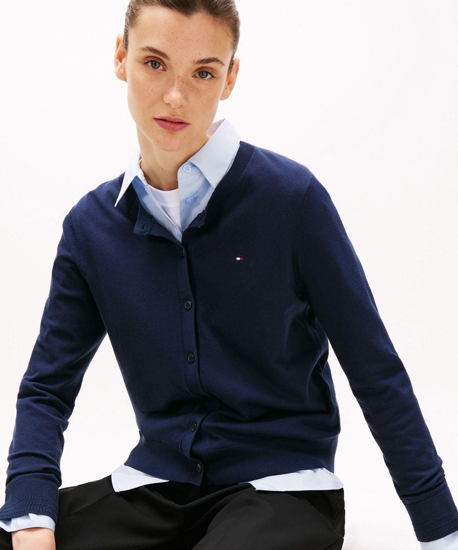 Кардиган с круглым вырезом из хлопкового трикотажа с прострочкой TOMMY HILFIGER, Black BDS — фото 2