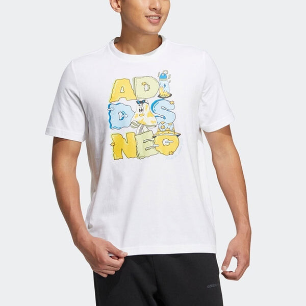 Футболка Men's adidas neo Alphabet Cartoon Printing Round Neck Casual Short Sleeve White T-Shirt, мультиколор — фото 4
