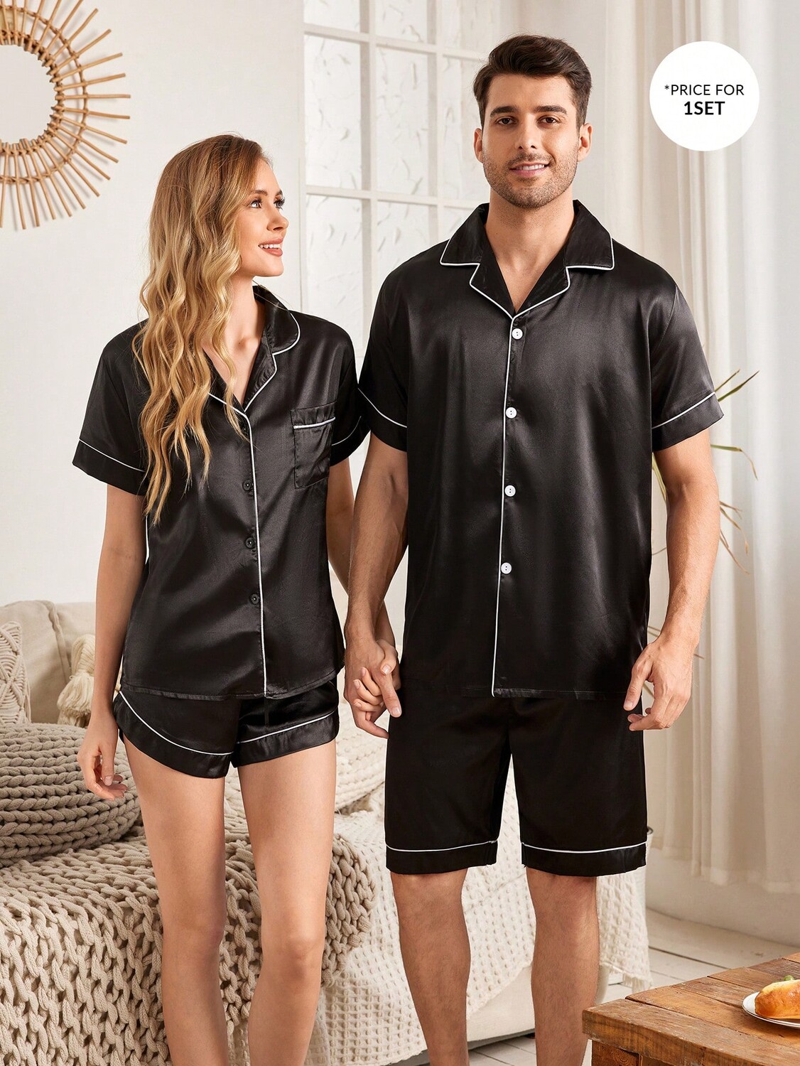 

Мужской однотонный черный атласный комплект домашней одежды Shein Couped Up Shein, черный