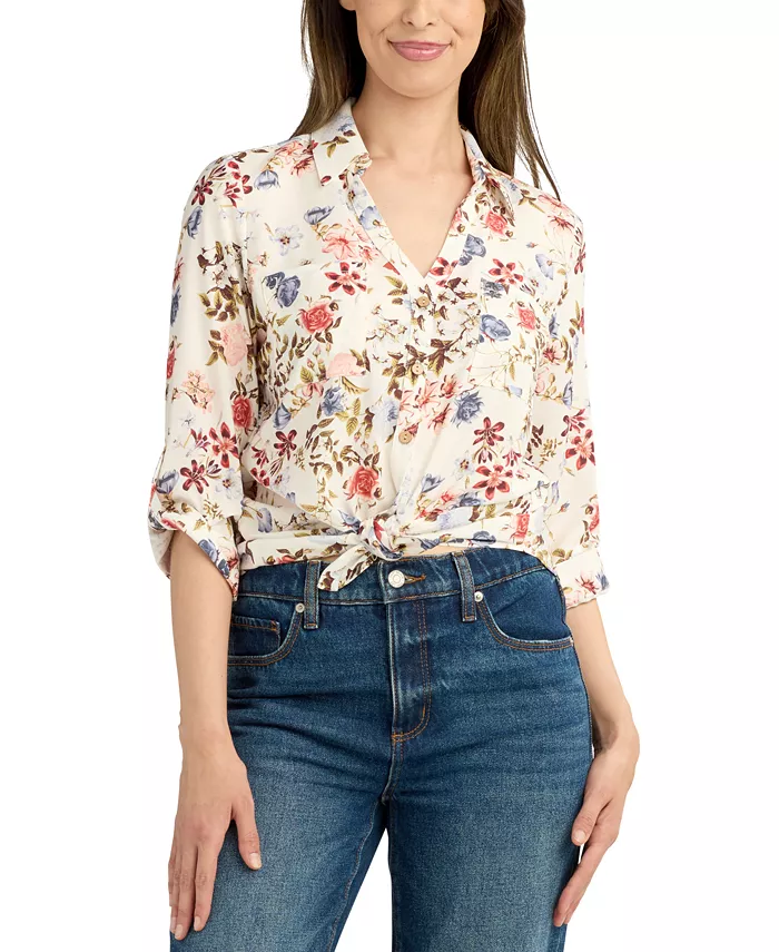 

Женская блузка с завязками и цветочным принтом Juniors' Tie-Hem Floral-Print BCX, мультиколор
