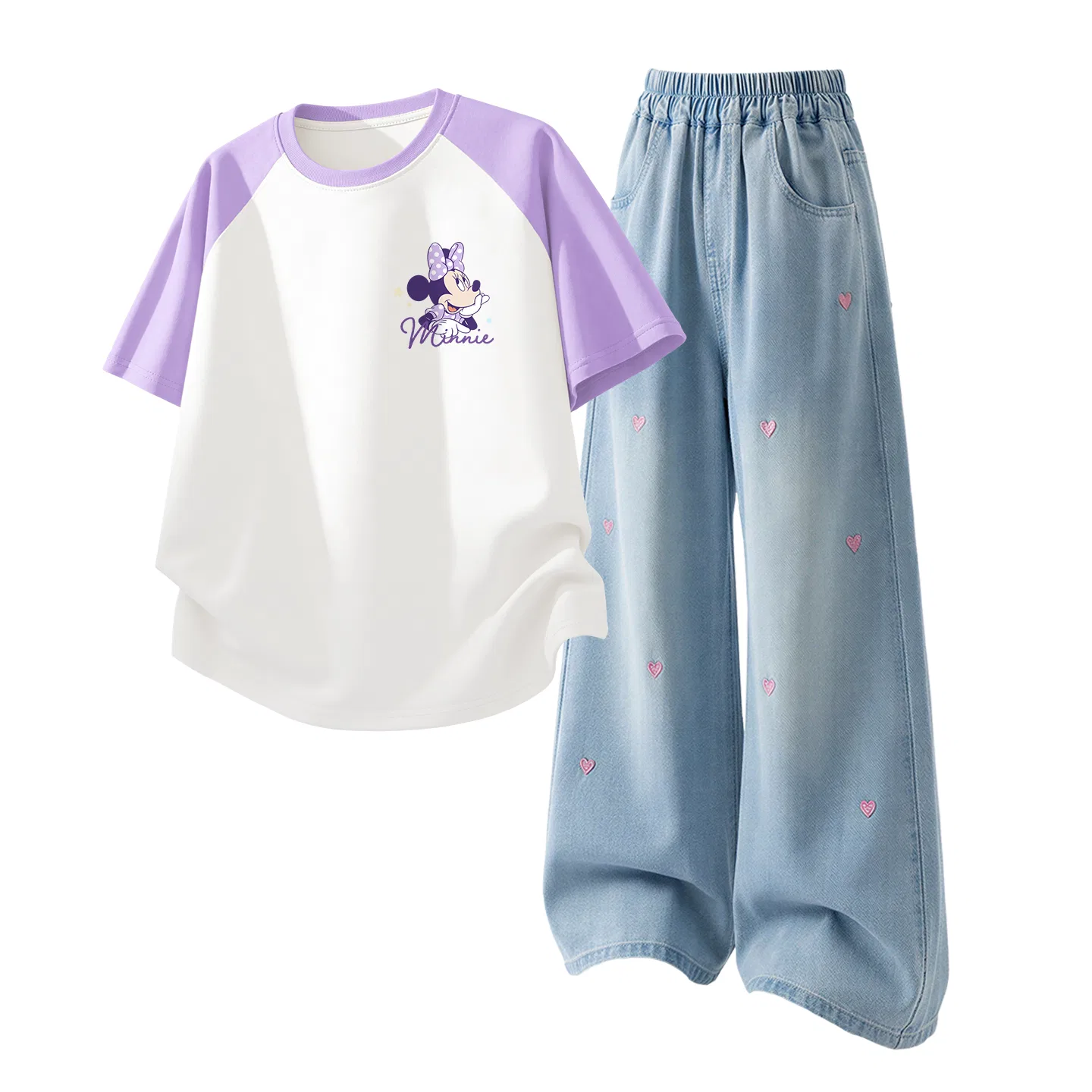 Детская повседневная спортивная футболка с круглым вырезом Disney, Daisy K Purple White+Solid Color Denim Light Blue