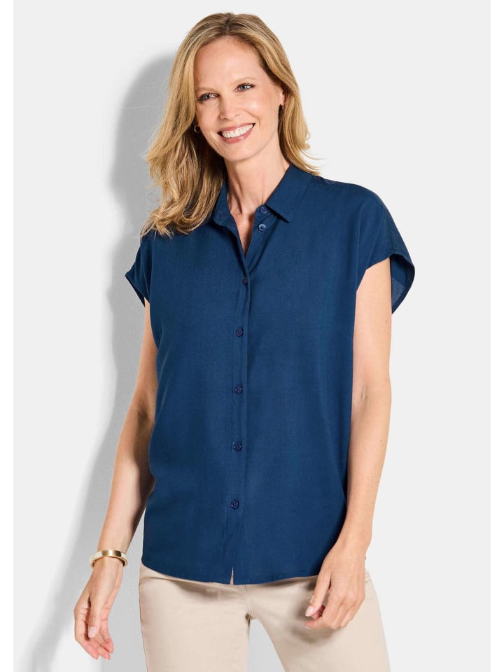 

GOLDNER Размер S: Вискозная блузка-рубашка с воротником-стойкой темно-синего цвета