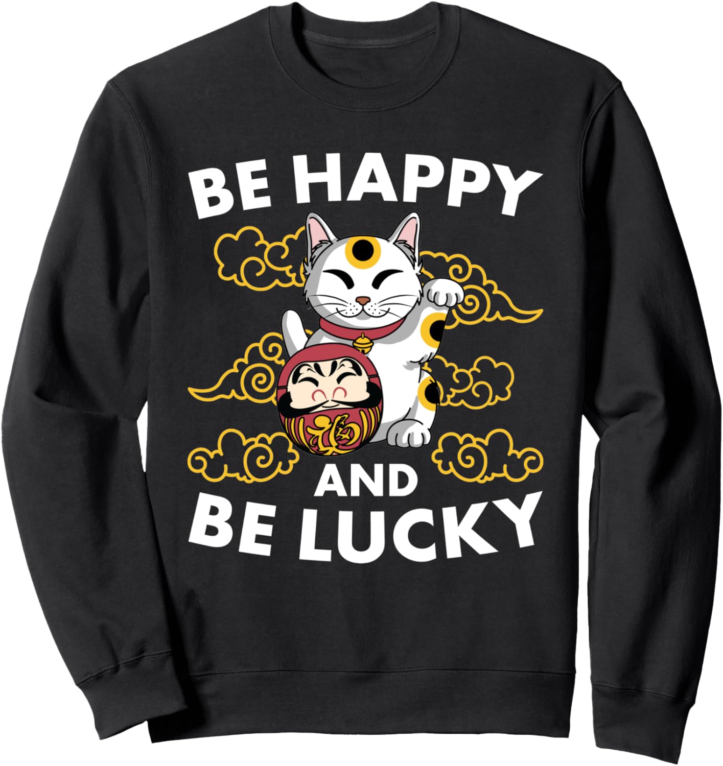 

Футболка с надписью «Maneki Neko Japanese Daruma Fallen Be Happy Be Luck», черная Japanese Aesthetics Traditional Japanese Clothing