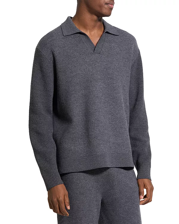 

Свитер-Поло из мериносовой шерсти с открытым воротником Theory, серый