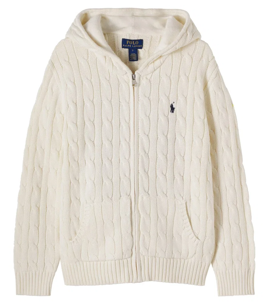 Хлопковая толстовка на молнии с косами Polo Ralph Lauren Kids, белый