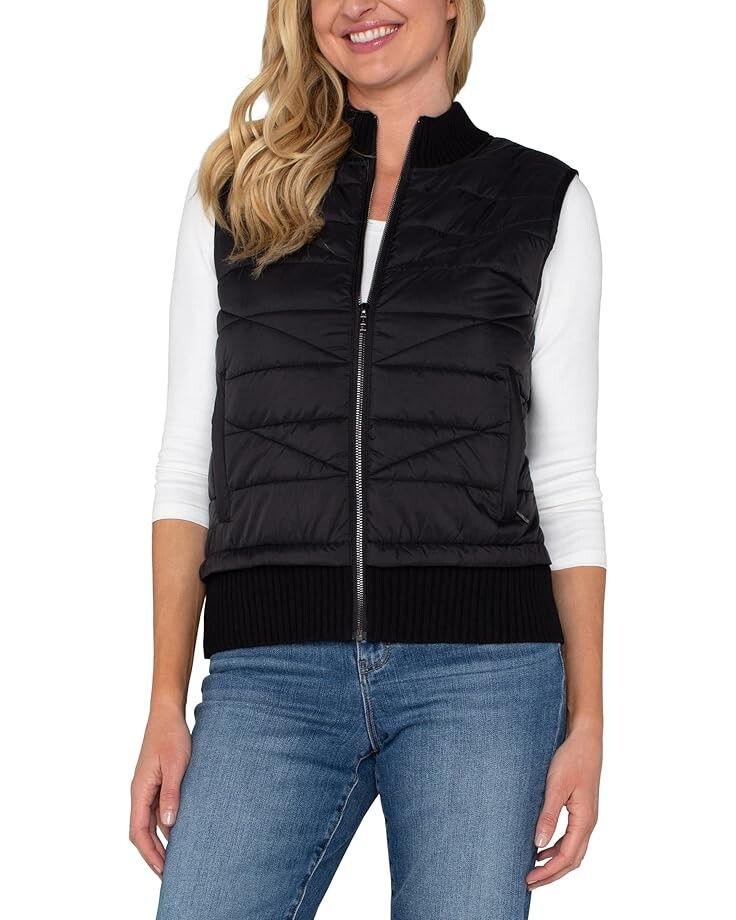 

Утепленный жилет Liverpool Los Angeles Petite Sleeveless Quilted Front Full Zip Sweater Vest Sweater Yarn, черный