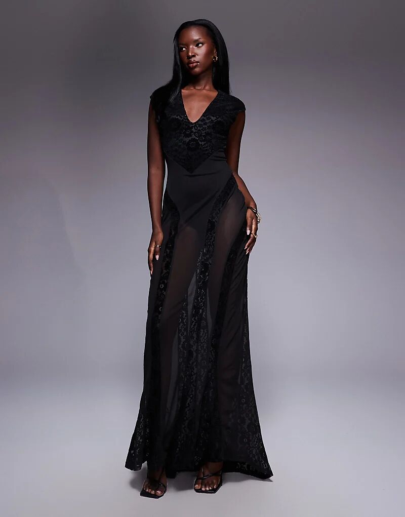 

Платье макси с глубоким декольте, бархатным кружевом и прозрачной юбкой ASOS DESIGN, черное