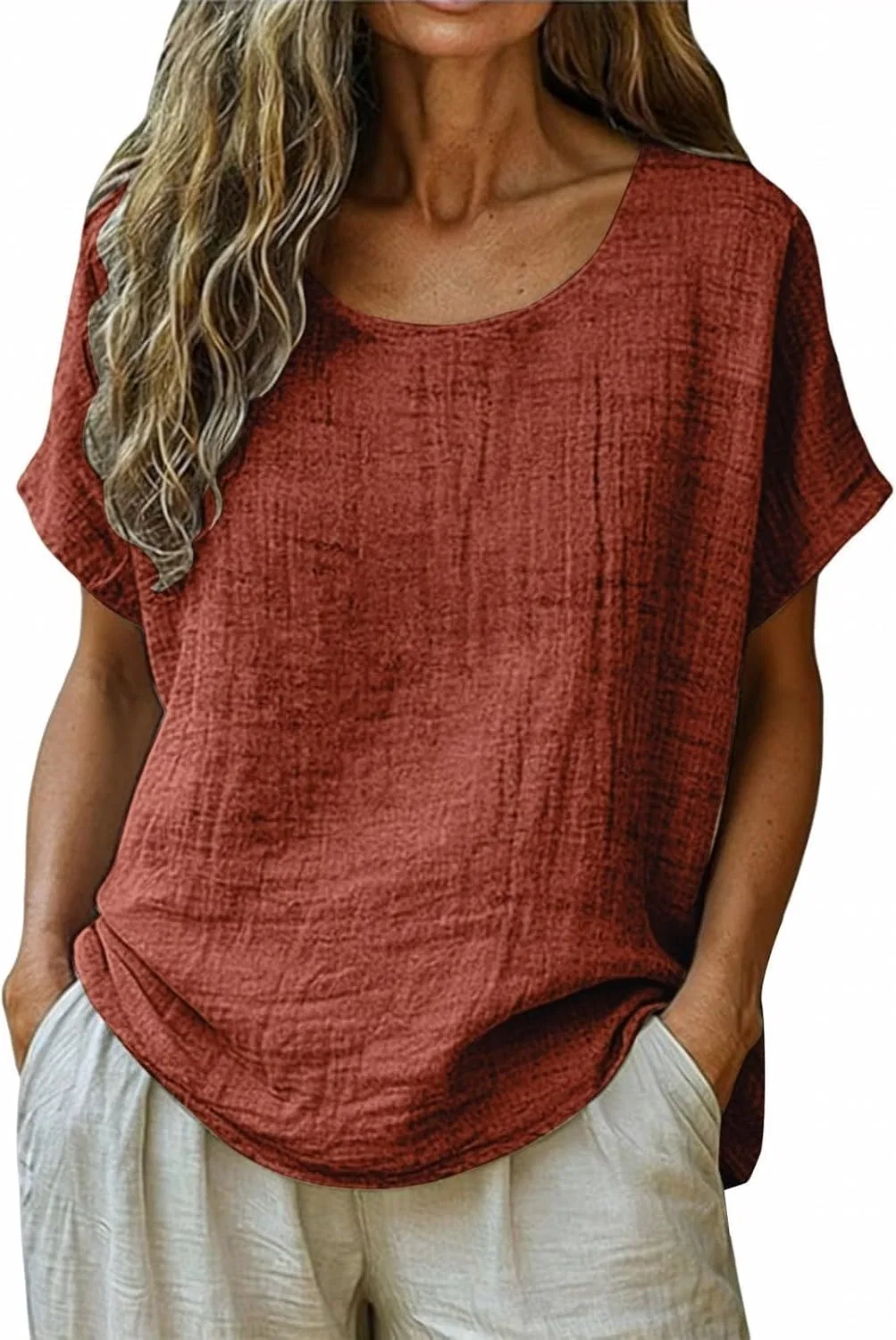 Футболка с круглым вырезом, свободный крой, Cotton Linen, цвет Coffee#01