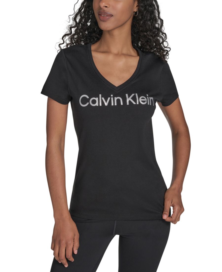 

Женская футболка Performance с V-образным вырезом и блестящим логотипом Calvin Klein, Black / Silver