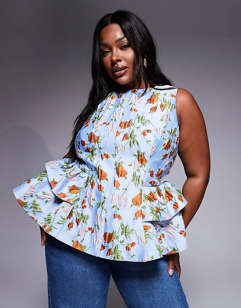 

Жаккардовый топ с баской ASOS LUXE Curve с бантом сзади, цветочным принтом «капри»