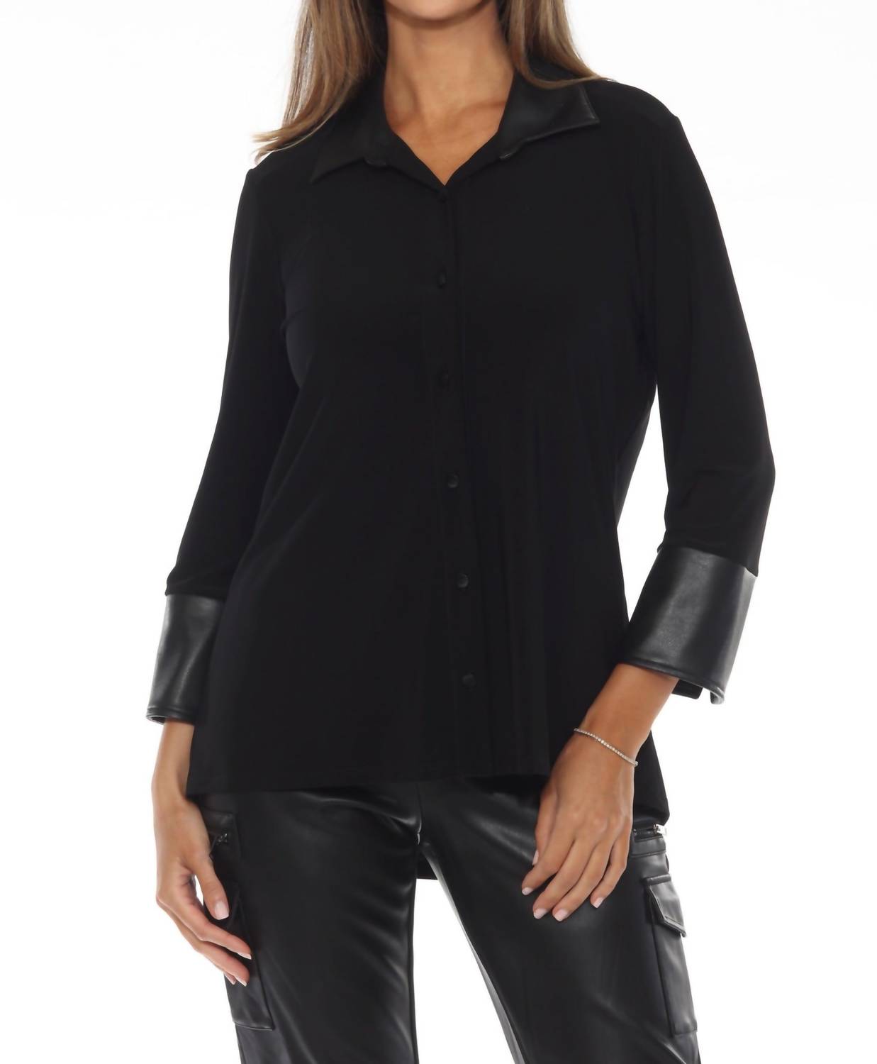

Черная блузка с кнопками, расклешенная, с элементами из искусственной кожи Joseph Ribkoff