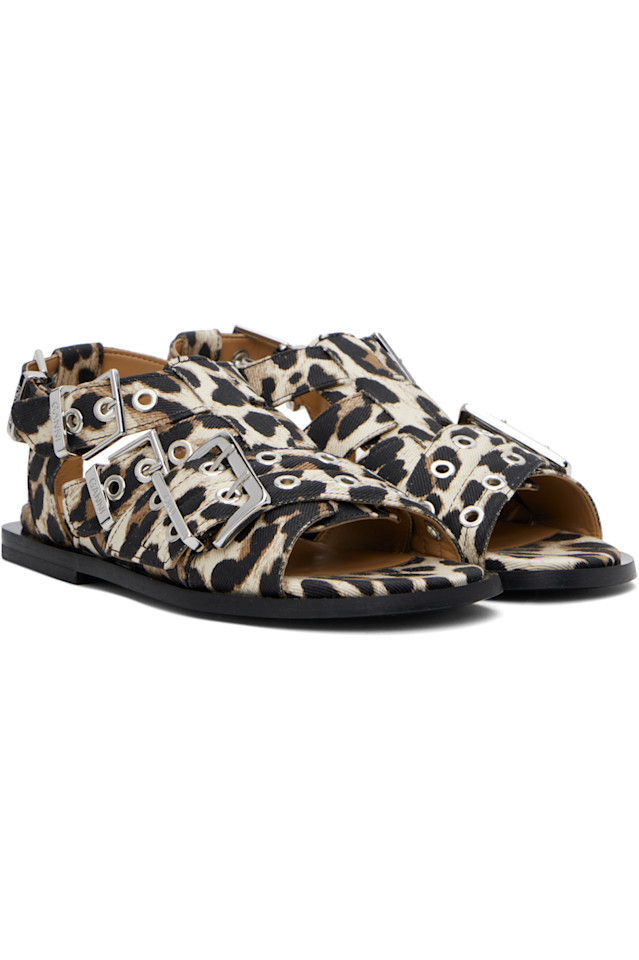Женские сандалии из денима с пряжкой и ремешками Ganni, цвет leopard — фото 4