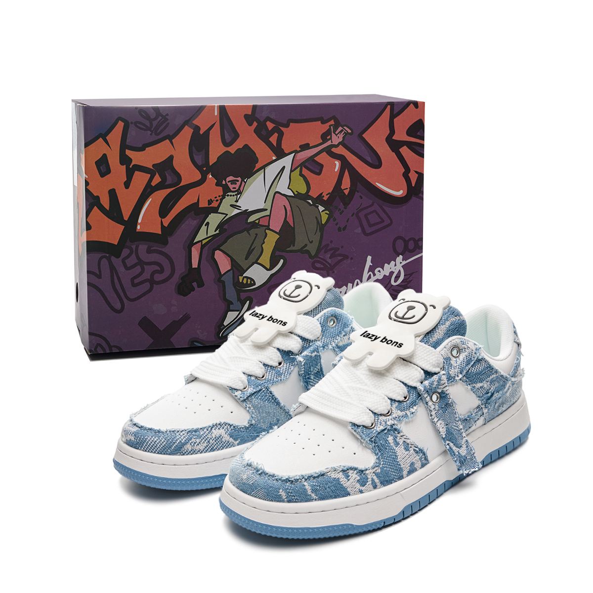 

LAZY BONS Износостойкие дышащие нескользящие низкие скейтерские кроссовки унисекс бело-голубые, цвет White Blue