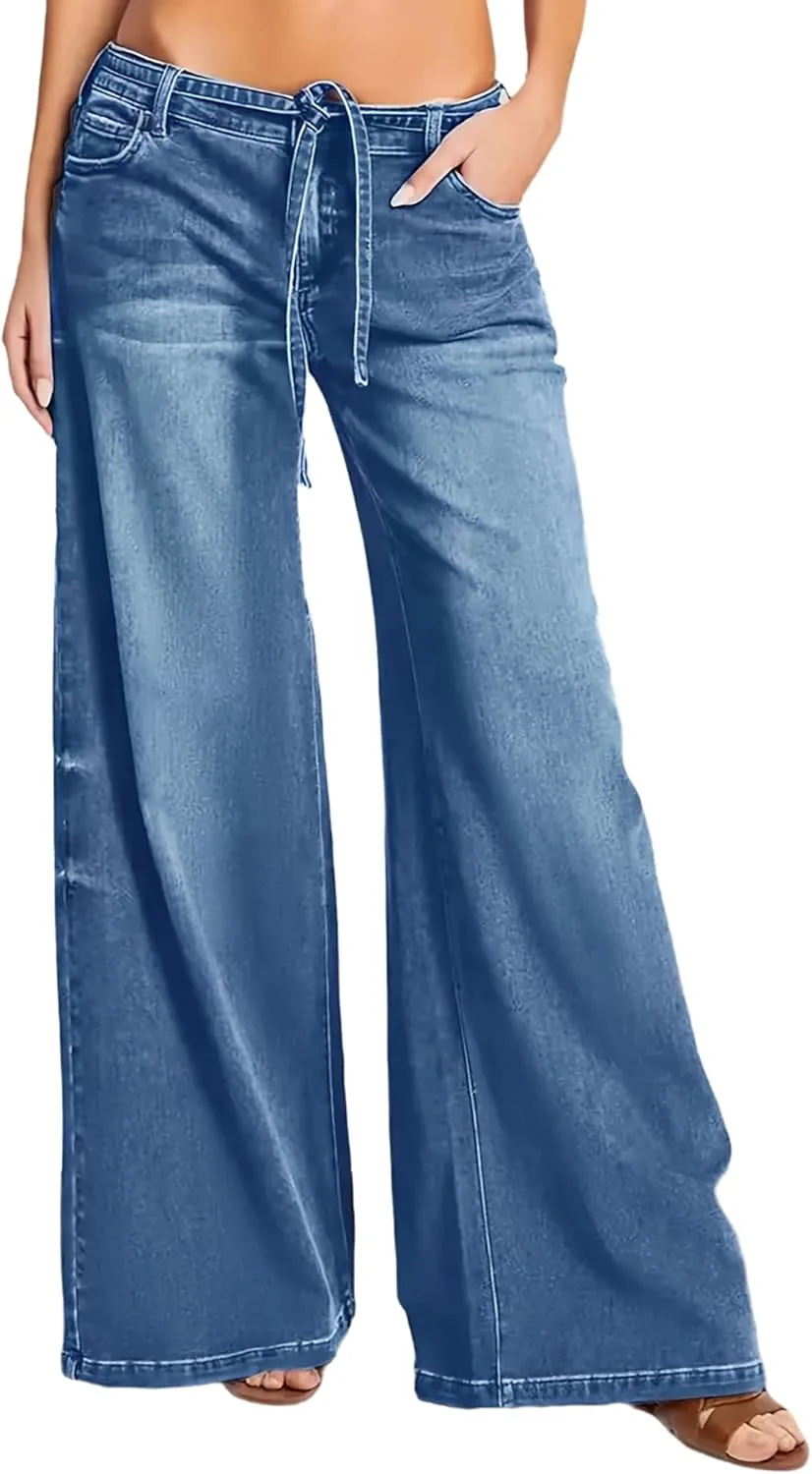 

Женские джинсы baggy wide leg с завязкой спереди, эластичные, потертые QLAUYIOE