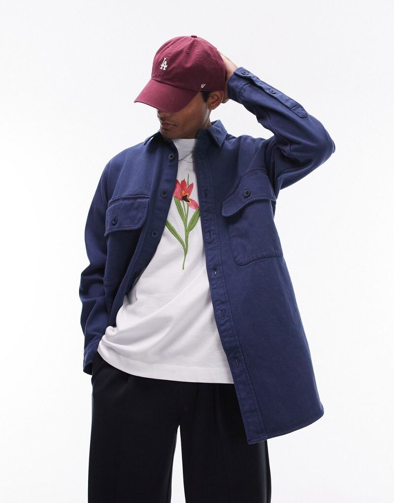 

Объемная саржевая рубашка с длинными рукавами и двойными карманами Topman