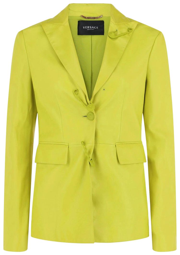

Кожаный однобортный блейзер Versace с булавками, зеленый