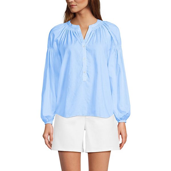 

Женская блузка с длинным рукавом реглан и сборками Lands' End, Blue White Pinstripe