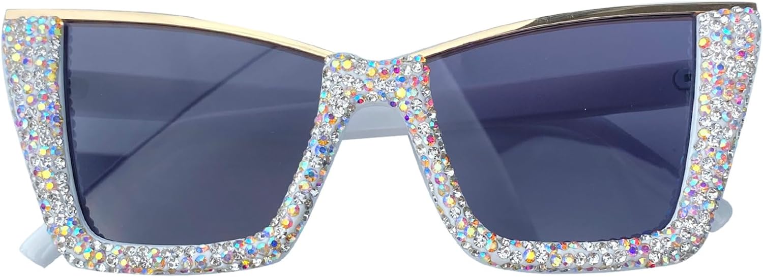 

Женские солнцезащитные очки в полуободковой квадратной оправе со стразами, роскошные большие очки, женские солнцезащитные очки «кошачий глаз» с кристаллами, защита от ультрафиолета UV400 mincl, White