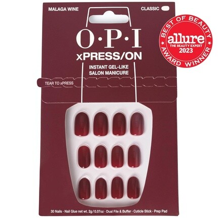 OPI Xpress/On Press On Nails До 14 дней носки Гелеобразный салонный маникюр Веганский Экологичный Упаковка с клеем для ногтей Короткие красные ногти Вино Малага — фото 2