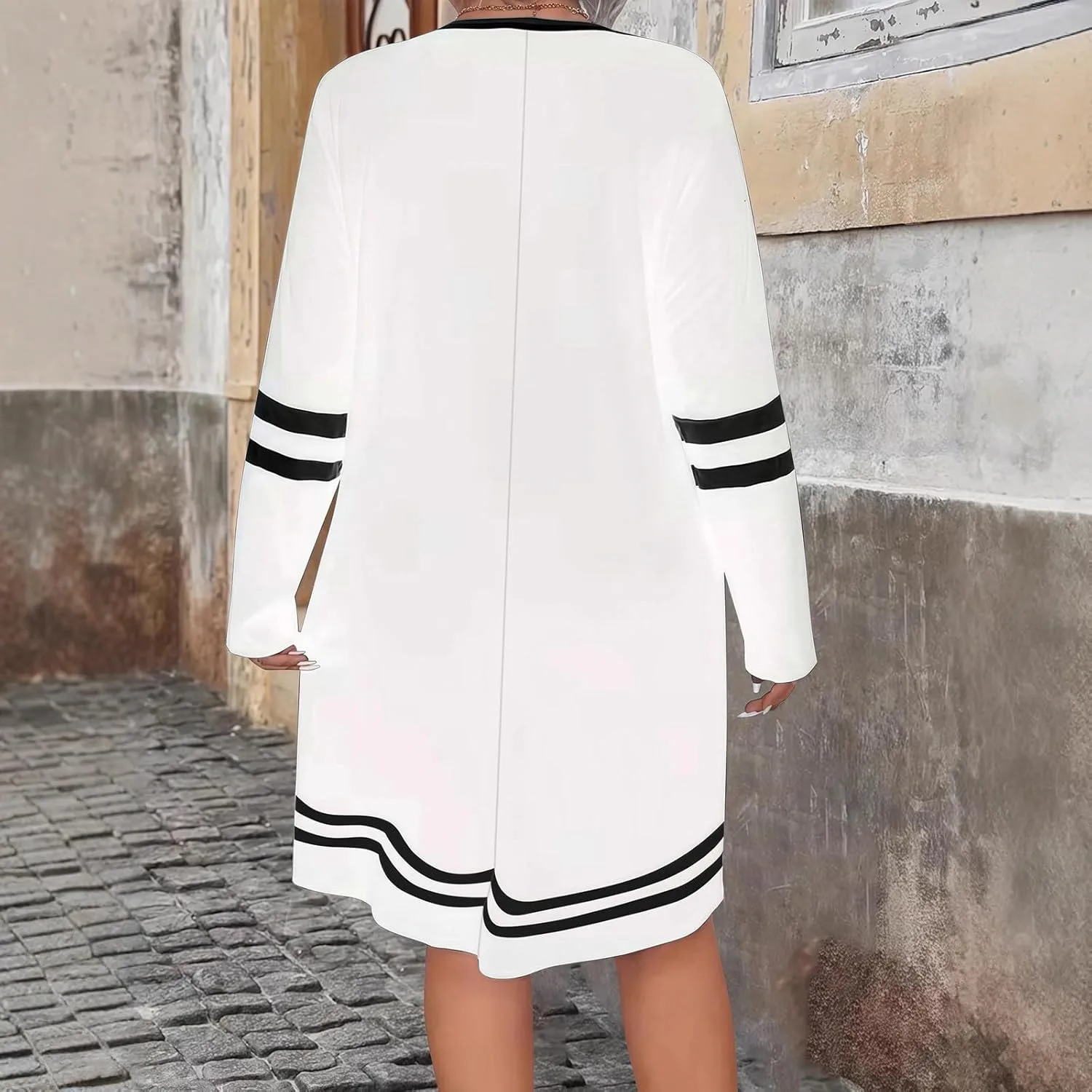 Платье для женщин Plus Size повседневное с полумолнией и V-образным вырезом, цветной блок, миди, с длинным рукавом, модный образ на весну-осень Generic, белый — фото 3