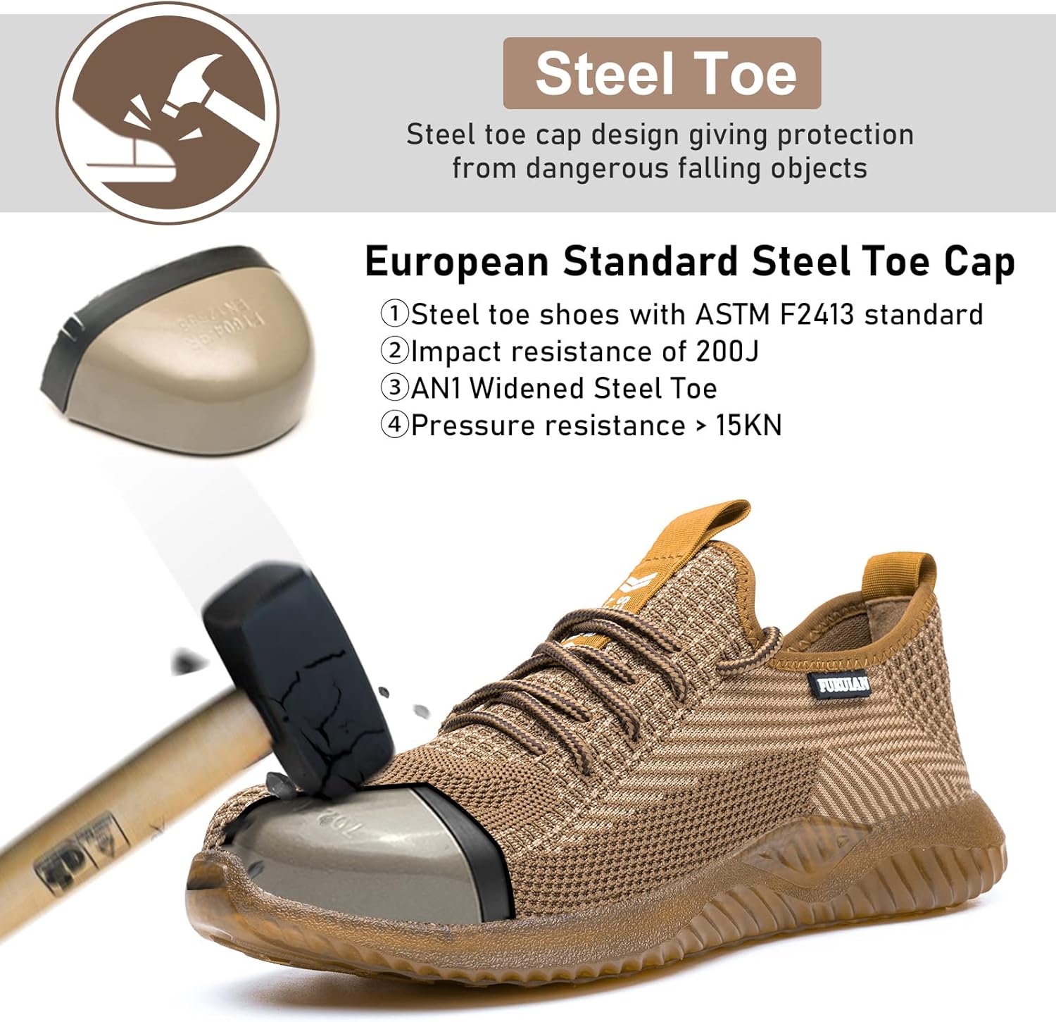 Мужские и женские рабочие ботинки Furuian со стальным носком, удобные, нескользящие, защитные, со стальным носком, для промышленного, складского и строительного применения, коричневый — фото 2