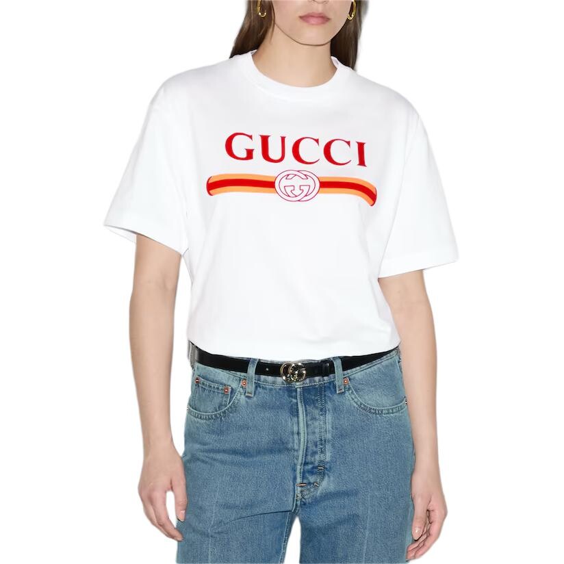 Футболка женская Gucci Classic, с ярким принтом, белый с красными и желтыми деталями — фото 3