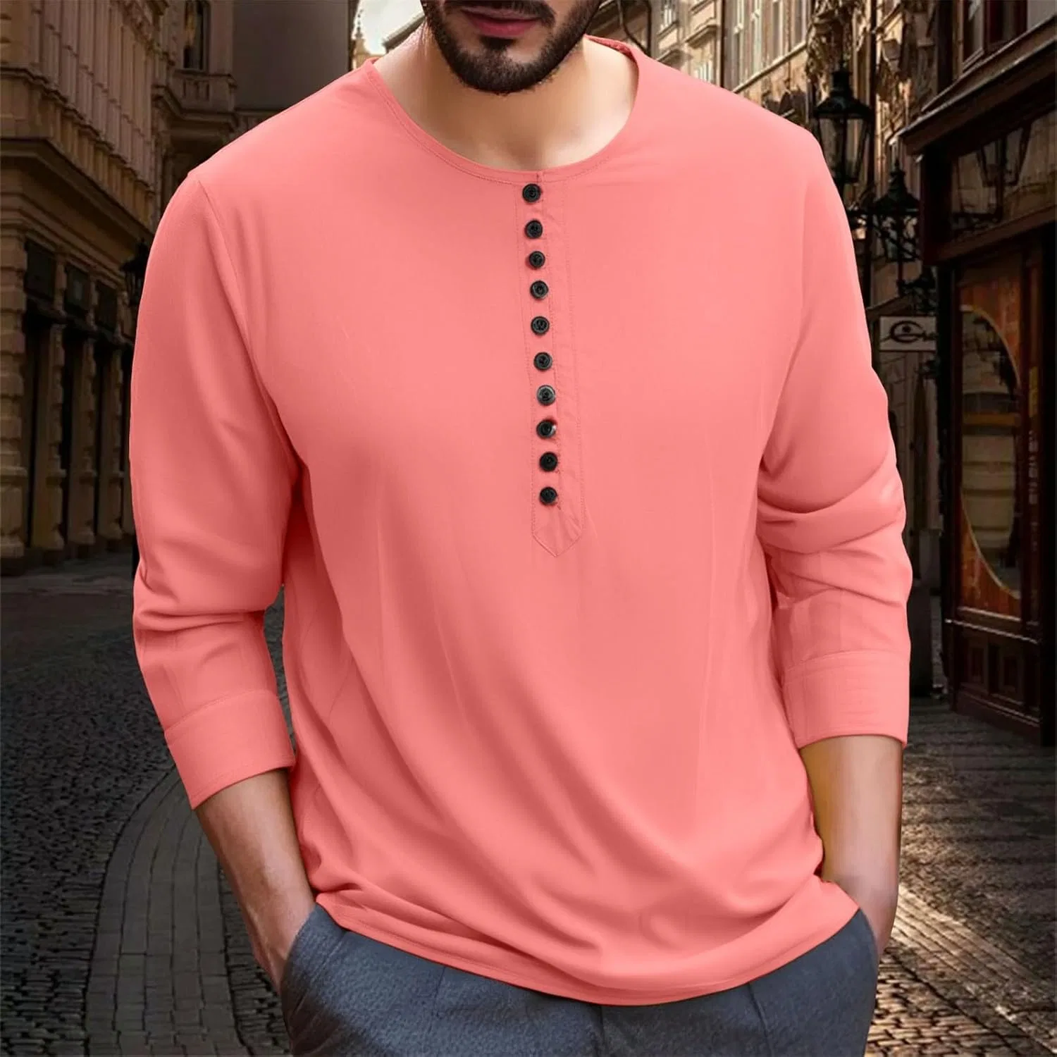 Футболка с длинным рукавом, мужская, полузастежка, Watermelon Red — фото 3