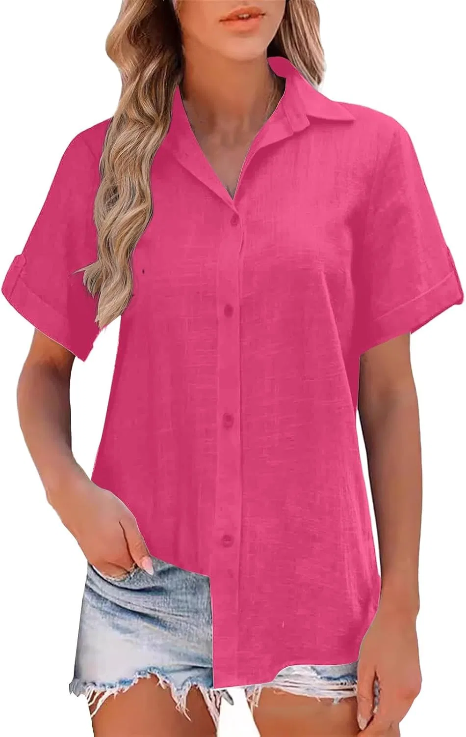 Блуза хлопковая с коротким рукавом Women's Cotton Short Sleeved Button Down Shirt, ярко-розовый