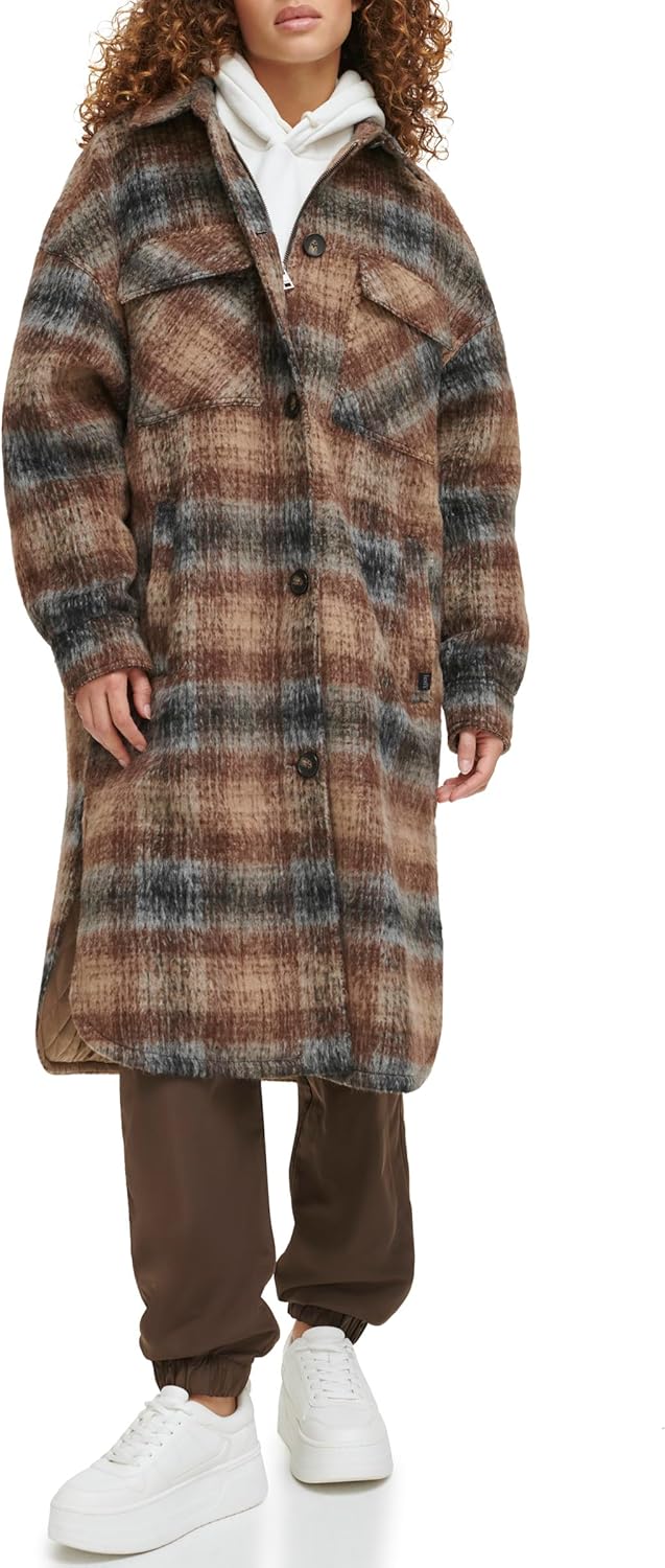 

Levi's Женская длинная фланелевая рубашка-куртка в клетку, Brown Plaid