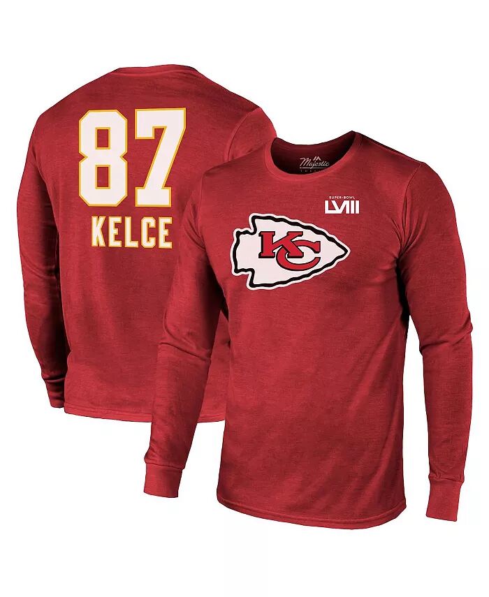 

Мужская футболка с длинным рукавом Travis Kelce Red Kansas City Chiefs Super Bowl LVIII с именем и номером из трехслойной ткани Majestic