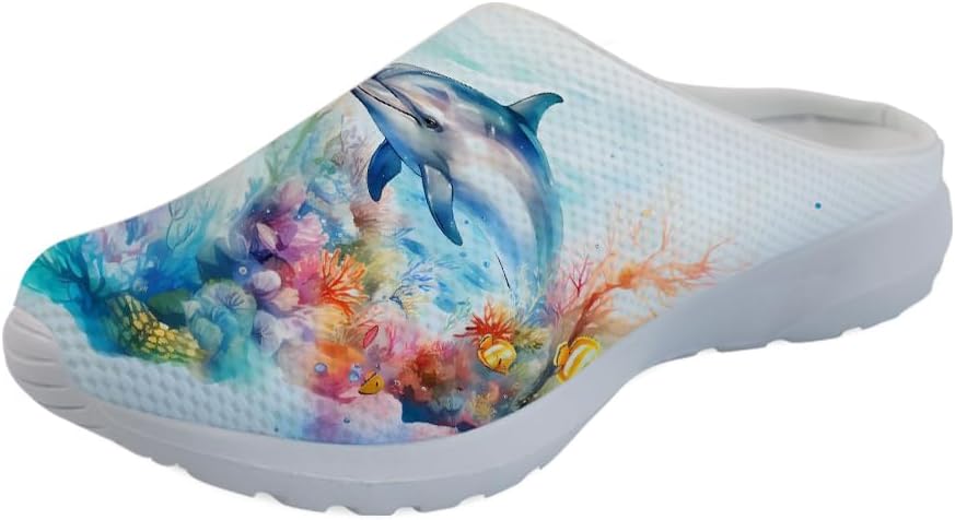 

Женские сабо-клоги Forchrinse Blue Palm Tree с сеткой, легкие для ходьбы, с мягкой поддержкой свода стопы, для работы, ухода за больными, Underwater Dolphin