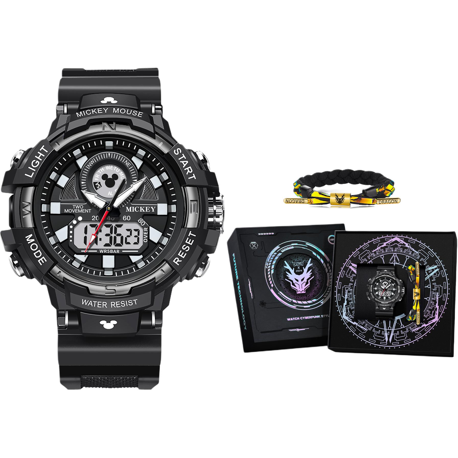 

Disney Часы Mickey Series Electronic Movement Rubber Strap Watch Men's Watch Black Dial, Trendy Classic Black[Year of The Dragon Limited Edition-Future Technology Gift Box Set-Black-Includes Year of The Dragon Rope Bracelet]