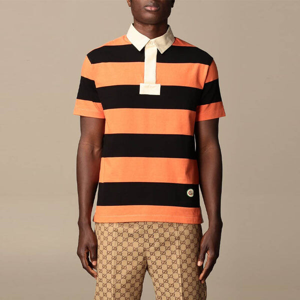 Футболка GUCCI SS21 Striped Cotton Polo With Patch 'Orange Black', оранжевый — фото 2