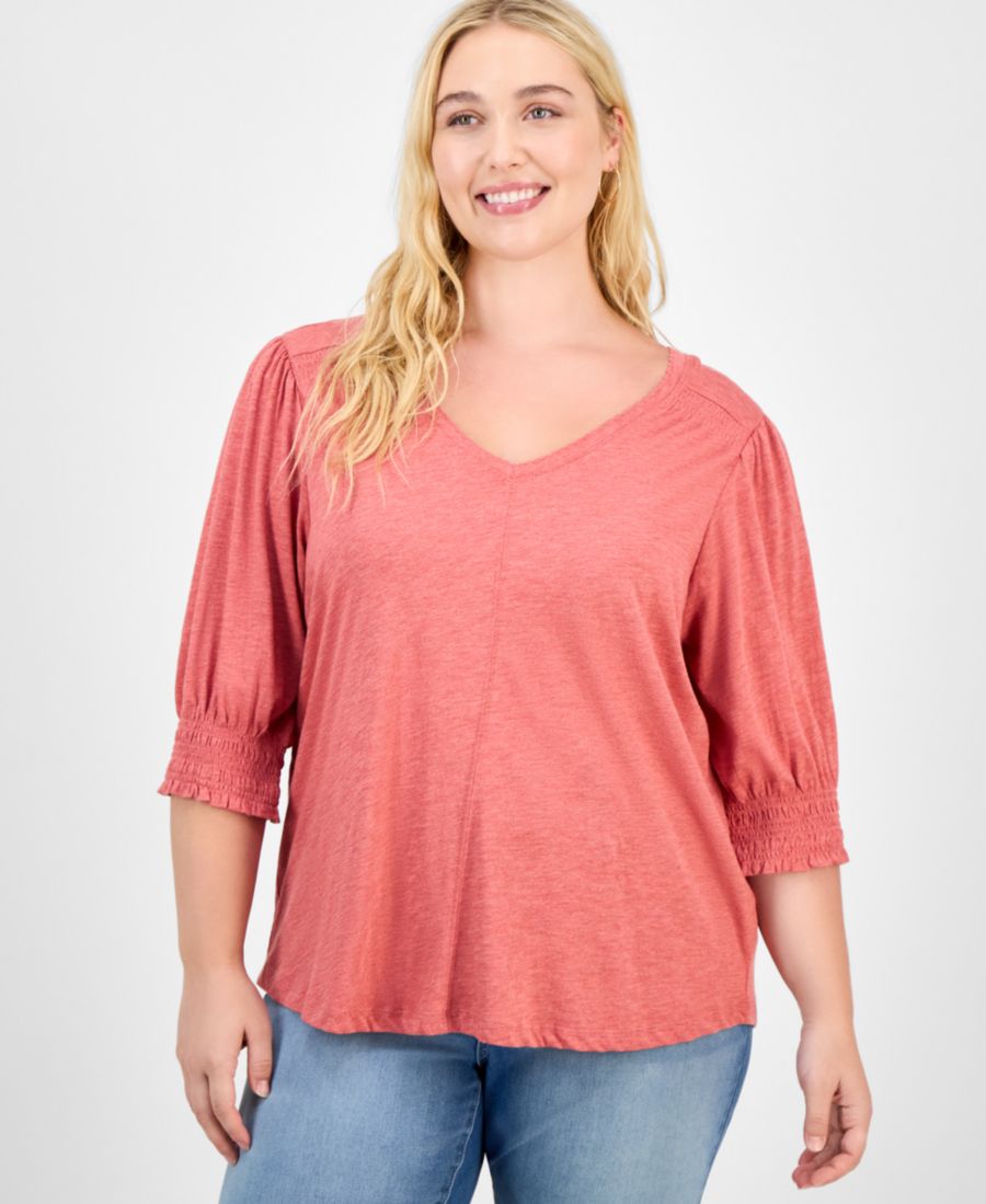 

Модная блузка больших размеров с рукавами до локтя и присборенными манжетами Democracy, Heather Pink