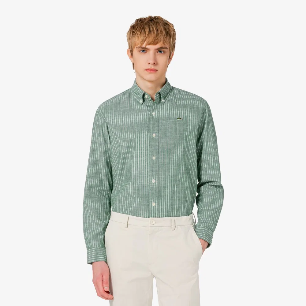 Мужская рубашка Lacoste из шамбре в полоску, зелёная — фото 2