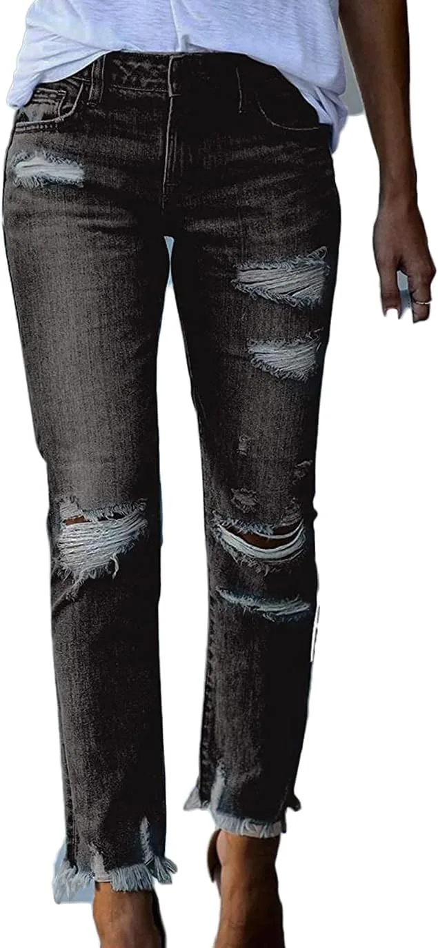GPCHAN Женские джинсы High Waisted Stretchy Ripped Distressed Tummy Control Straight Ankle