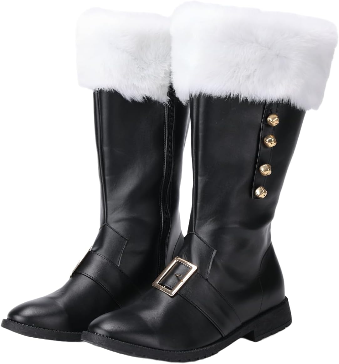 

Рождественские сапоги Санта-Клауса, мужской костюм на Хэллоуин, черные сапоги с высокой голенью и белым мехом Ciyasheh