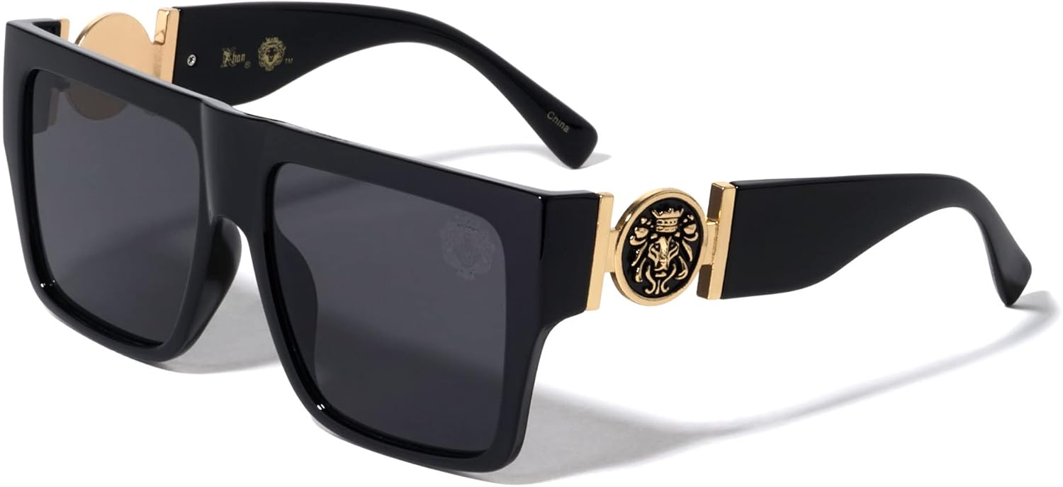 

Kleo Eminent - Классические солнцезащитные очки в стиле хип-хоп с плоской верхней частью и квадратными боковыми вставками, украшенные медальоном в виде головы льва, Black